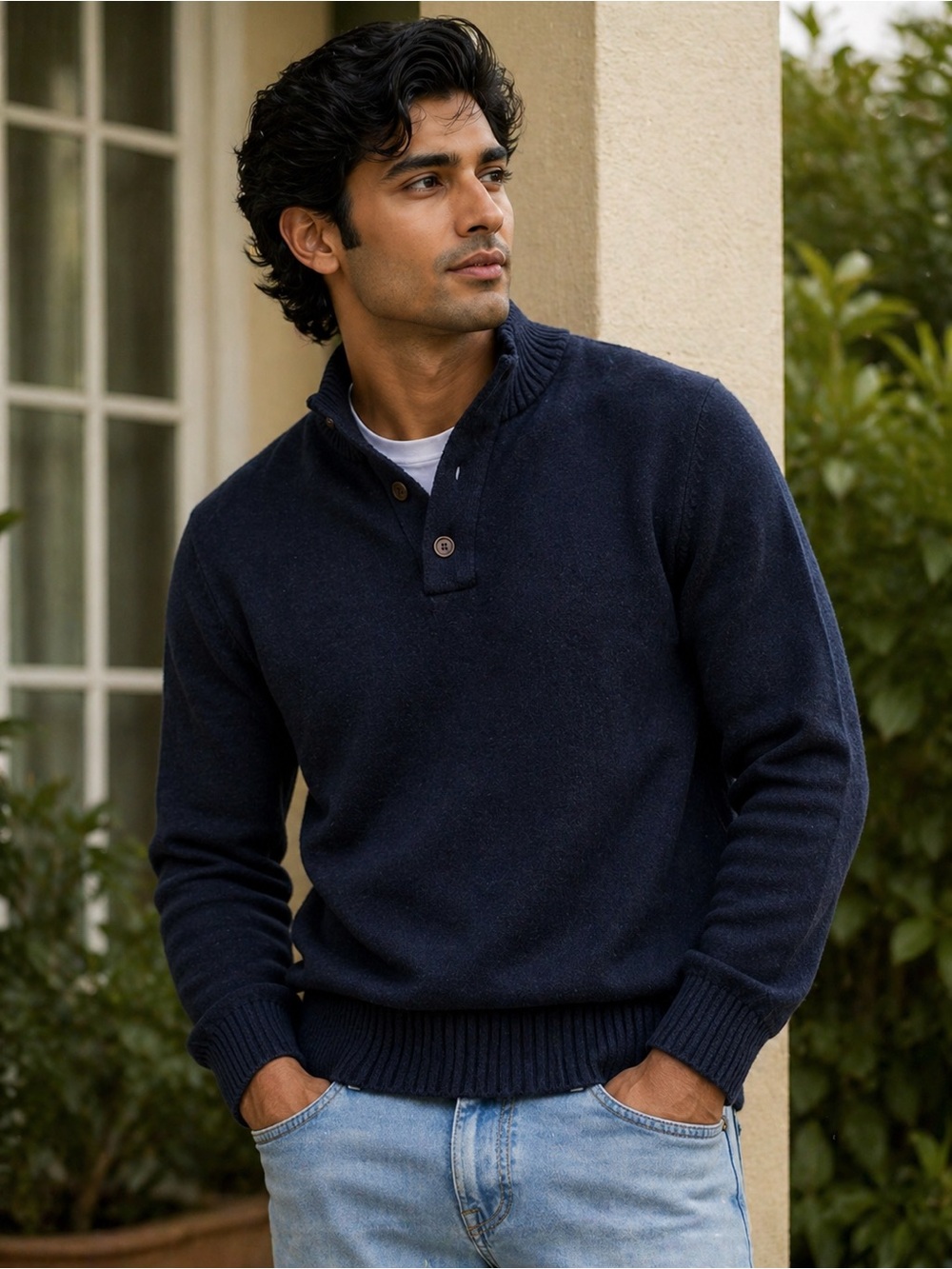 G.H. Bass Cotton Sweater Pullover Henley Navy Blue Men’s Medium